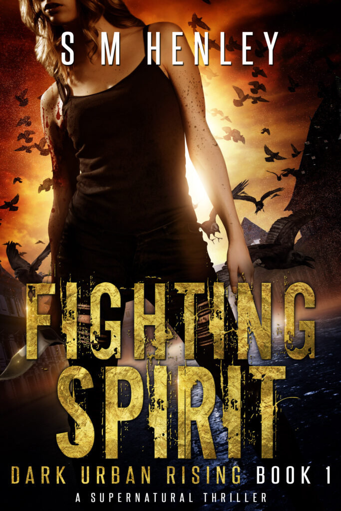 Fighting Spirit book cover: dark urban fantasy supernatural thriller with half-vampire female anti-hero in apocalyptic settings London, Detroit, Turin.