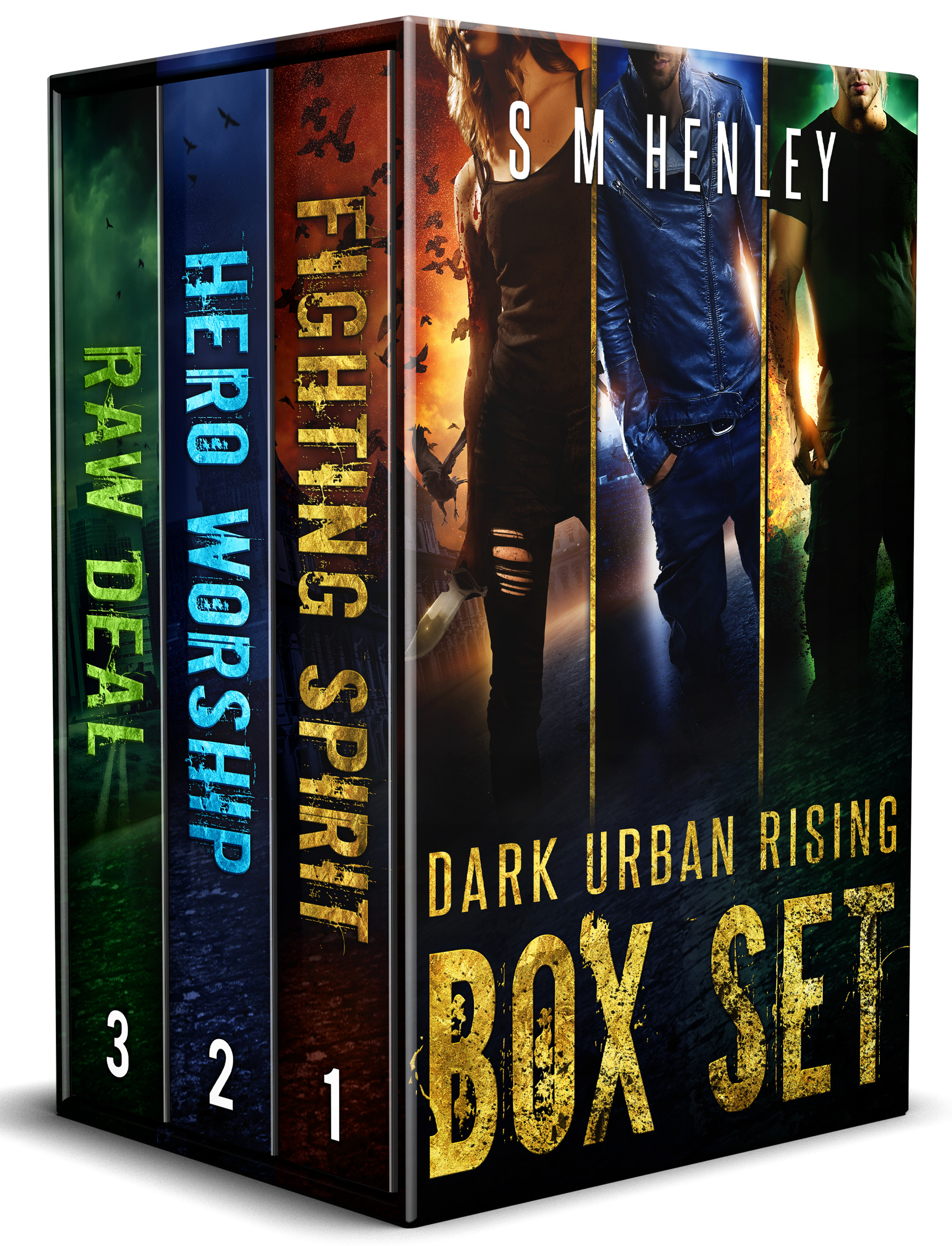 Box set book cover: dark urban rising complete trilogy fantasy supernatural thriller with half vampire, angel, assassin anti-heroes in apocalyptic settings London, Detroit, Boston, Las Vegas.