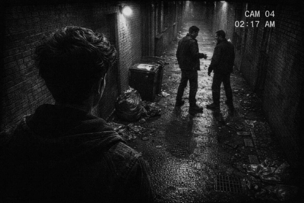 billy nadig from bleeding silver watching two men in alleyway