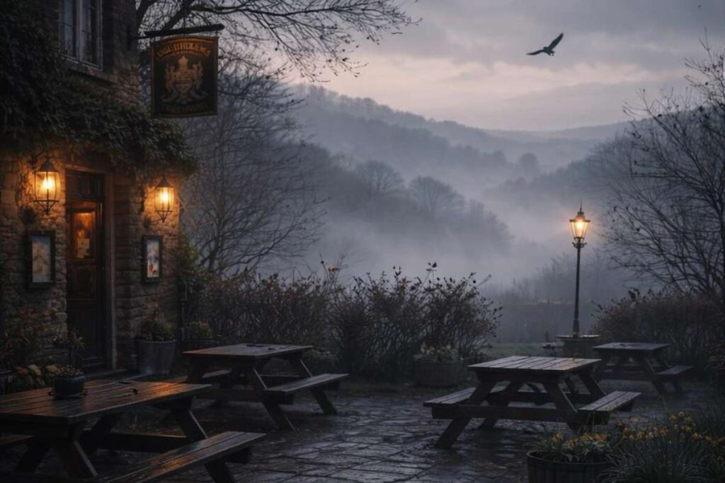 spring view from digger's pub with the birds misty evening