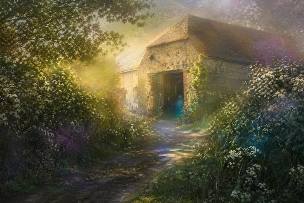 Urban fantasy image of colourful magick auras in English village