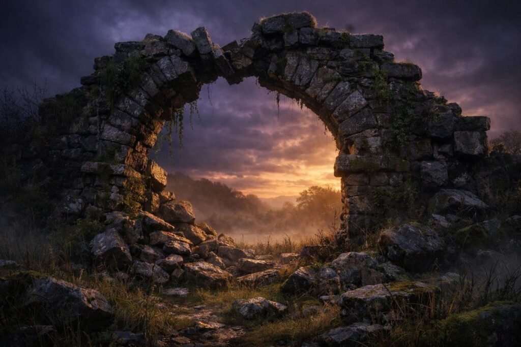 dark urban fantasy fairyland through mystical boundary arch
