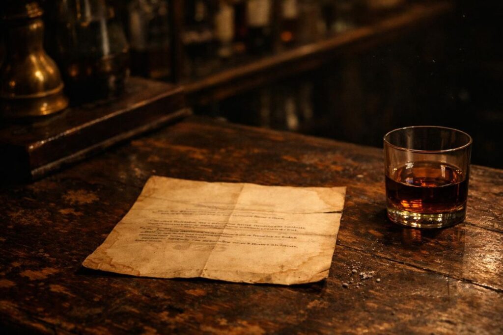 Printed secret document on English bar for urban fantasy world