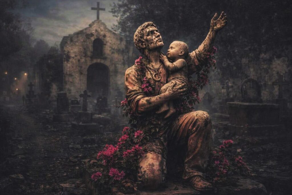statue of man and baby background of adobe chapel in cemetery dark urban fantasy illustration