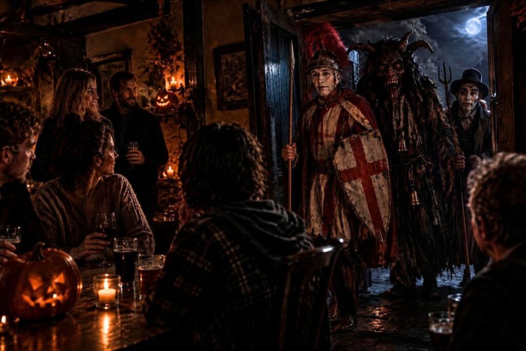 English folklore mummers play in country pub